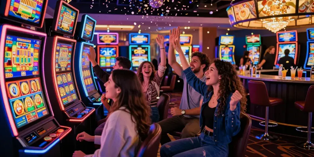 Joyful friends celebrating hitting a slot jackpot in a vibrant casino atmosphere with colorful machines.