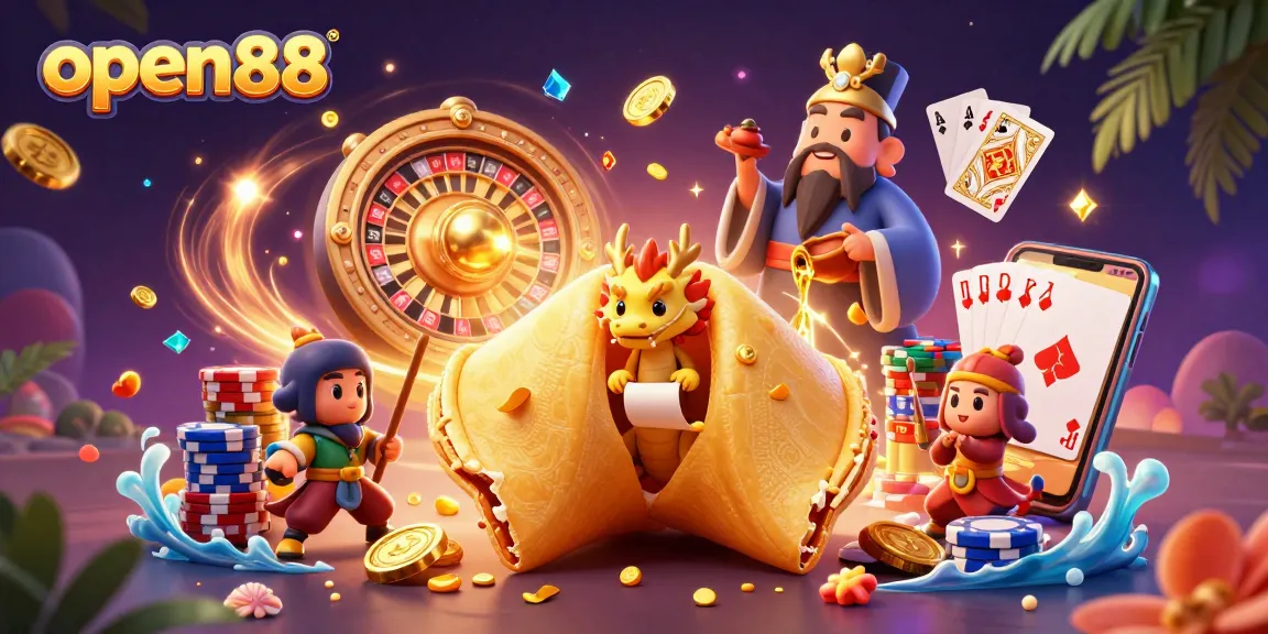 Experience open88's vibrant gaming atmosphere with gold coins, 3D elements, and dynamic characters.