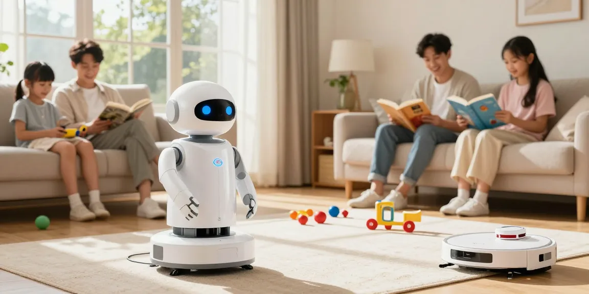 Home robot efficiently completing chores in a cozy living room, showcasing modern family interactions and smart home technology.