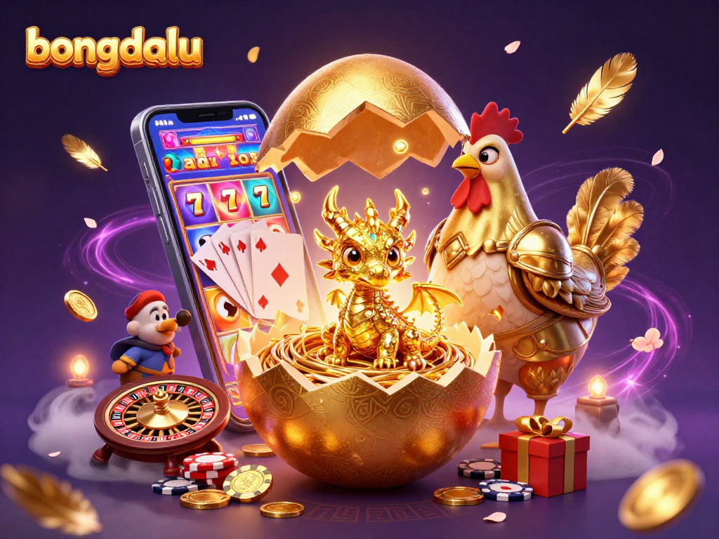 Experience bongdalu with a golden dragon guarding poker chips amidst vibrant casino elements