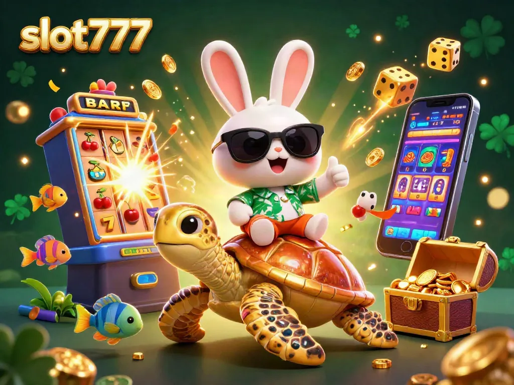 Bermain slot777 dengan kelinci beruntung dan kura-kura emas di dunia kasino penuh warna.
