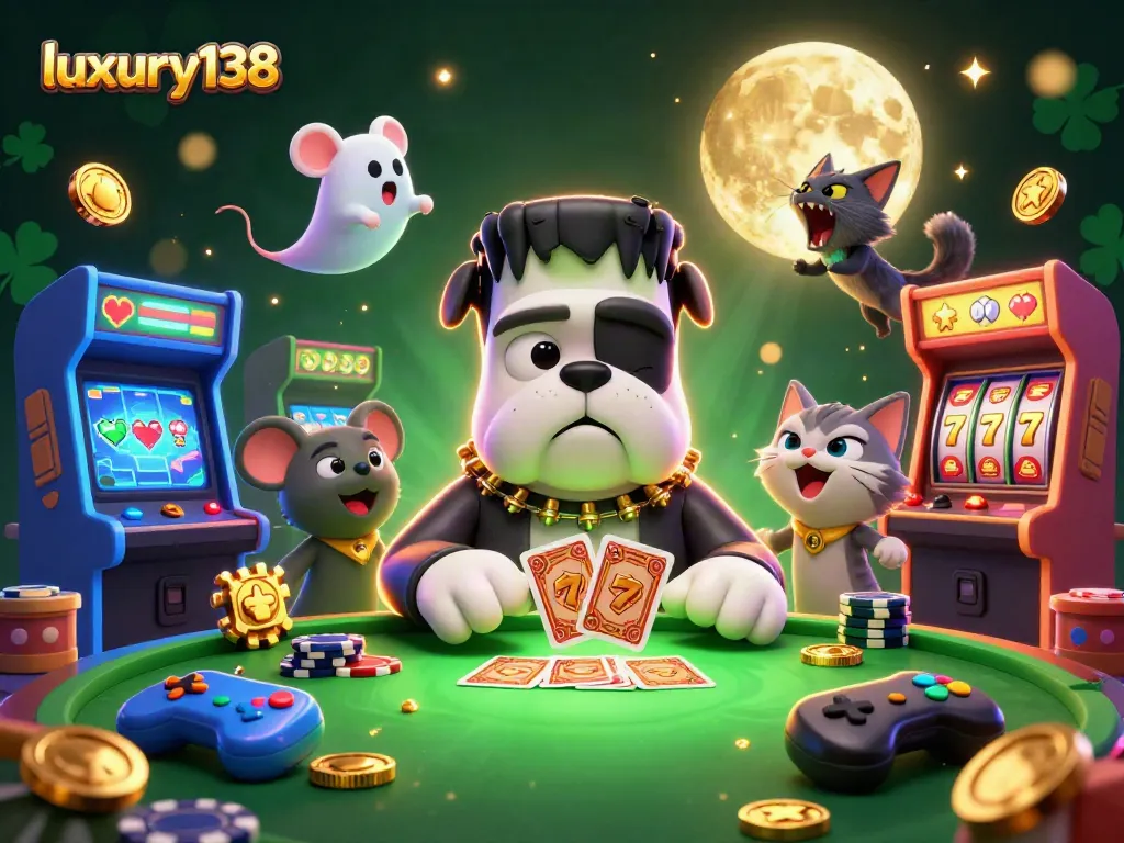 Luxury138 menghadirkan suasana kasino dengan monster dan kucing di meja permainan.