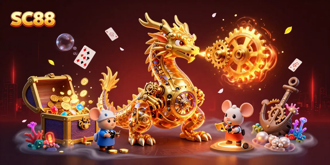 Experience excitement with SC88 as golden treasures and gaming elements surround an enchanting dragon.