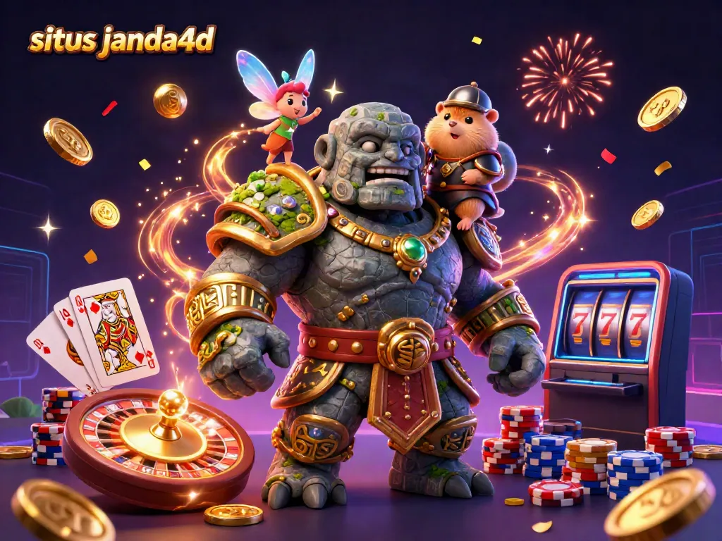 Gambar yang menyoroti situs janda4d dengan karakter perjudian fantasi dalam suasana kasino yang meriah.