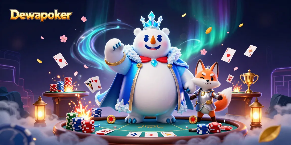 Dewapoker players strategizing at a colorful poker table surrounded by dynamic game elements.