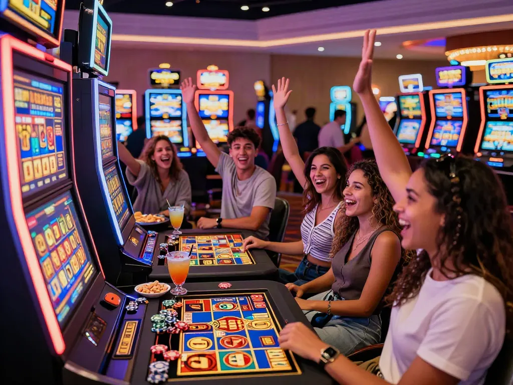 Group of friends celebrating a big win at Lucky777 slot machine in vibrant casino environment.