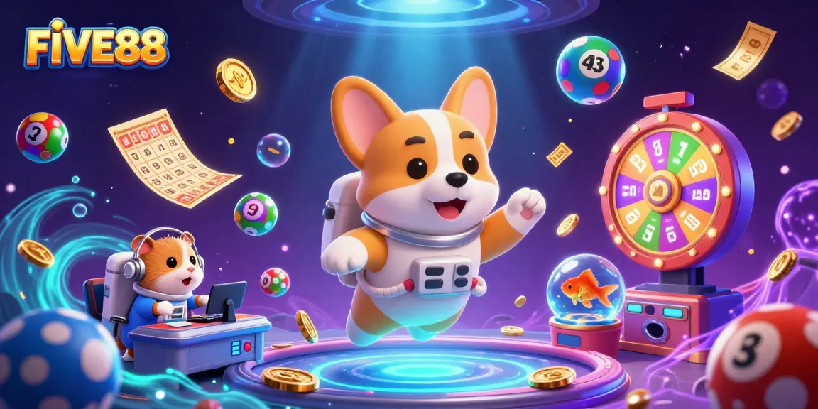 Engage with FIVE88 through a vibrant casino adventure featuring a playful astronaut corgi.