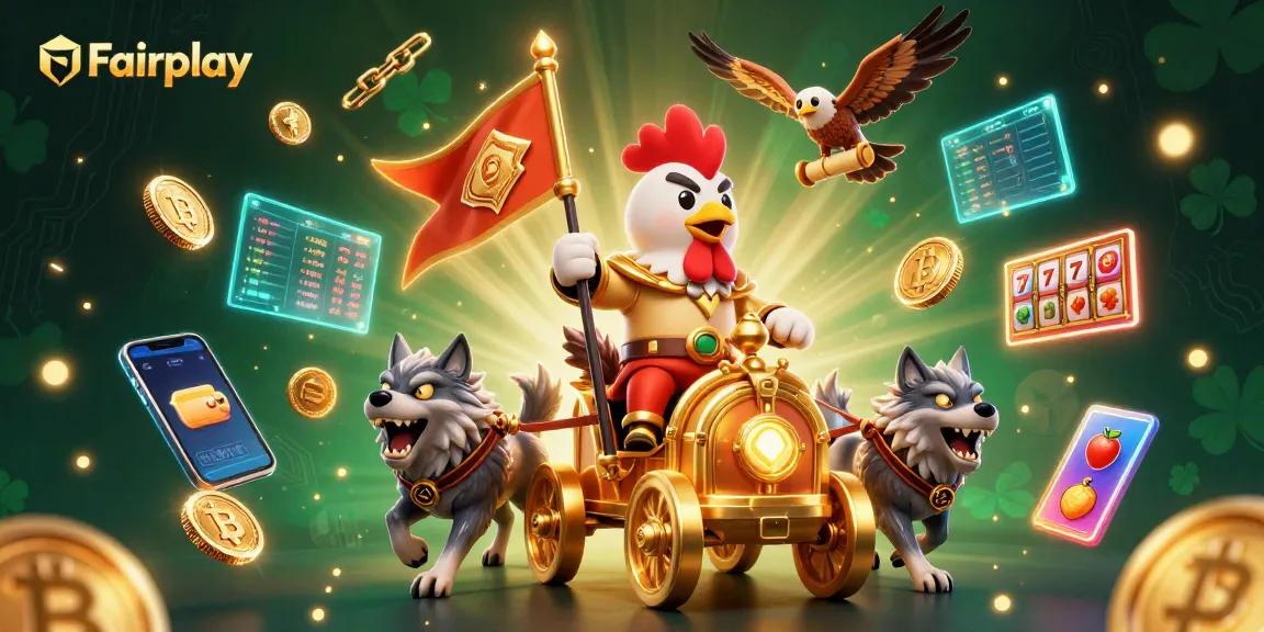 Engage in Fairplay's thrilling games with a 3D rooster warlord, slot reels, and crypto coins.