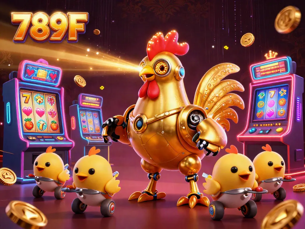 Engage with the vibrant gaming scene of 789F, showcasing a futuristic rooster robot and baby chick drones amidst colorful slot machines.