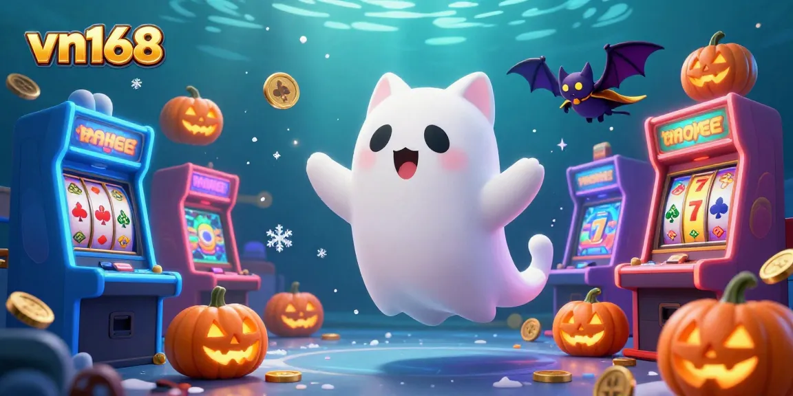 Engage with vn168's vibrant casino experience featuring a ghost cat and a bat in a rich 3D illustration.