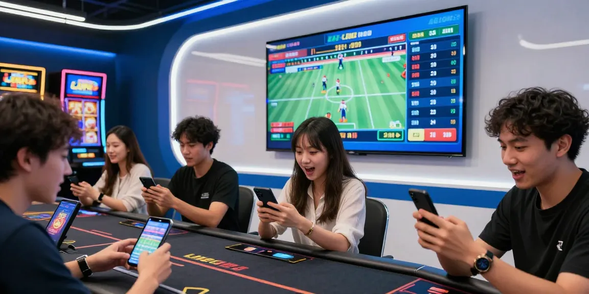 LUCK8 online betting enthusiasts engaging with live sports data on their devices in a modern setting.