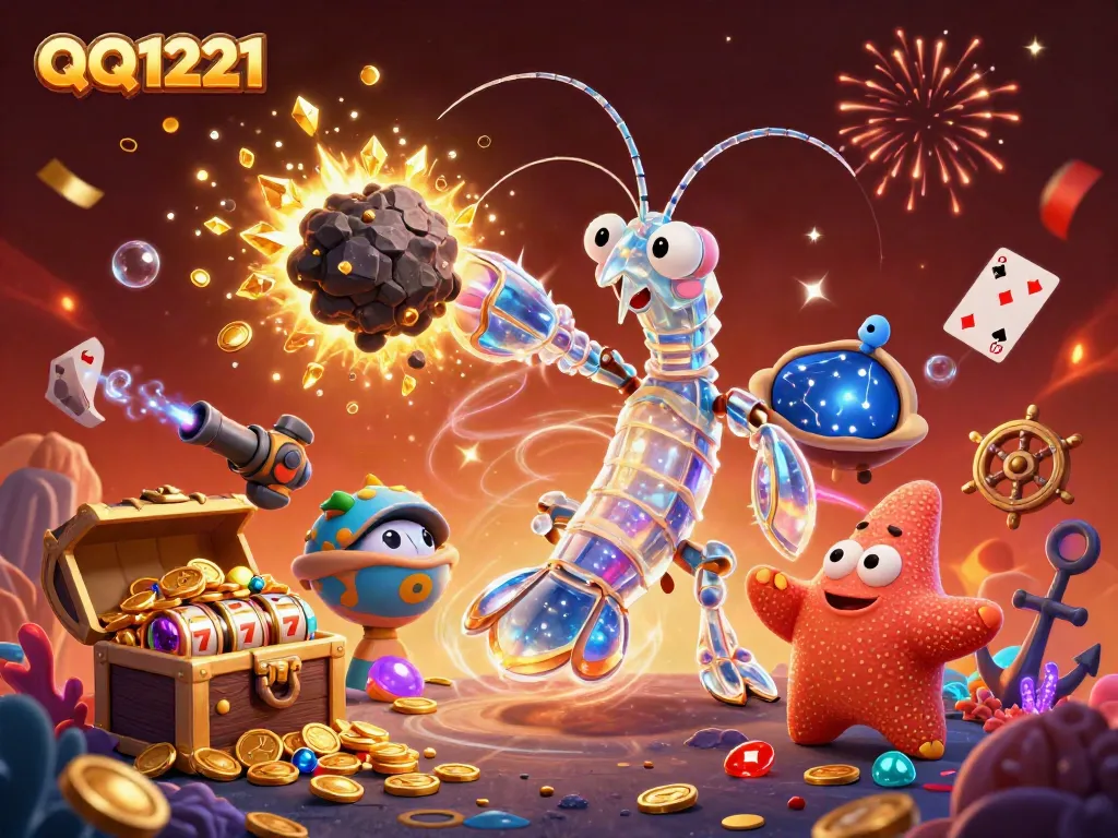 Experience QQ1221 with thrilling treasure-chest explosions of gold coins and slot reels in a vibrant 3D scene.