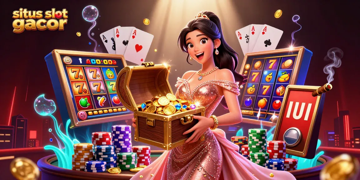Exciting scene showcasing situs slot gacor with a stunning woman presenting a treasure chest filled with gems and gold coins.