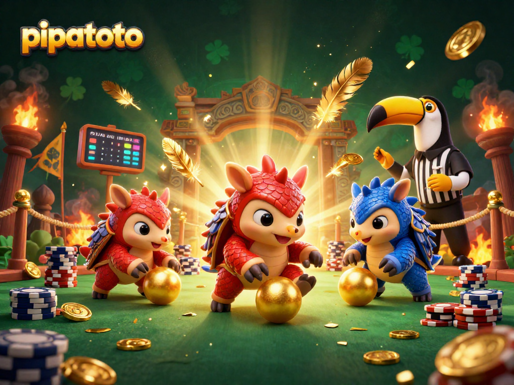 Pipatoto: Rival pangolins compete in a dynamic gaming scene with poker chips and golden details.