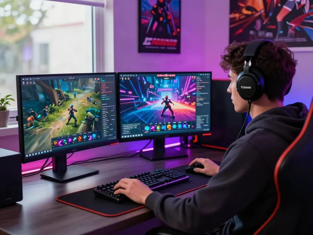 Player in a gaming setup focused on akunjp gameplay, dual monitors and vibrant lighting.