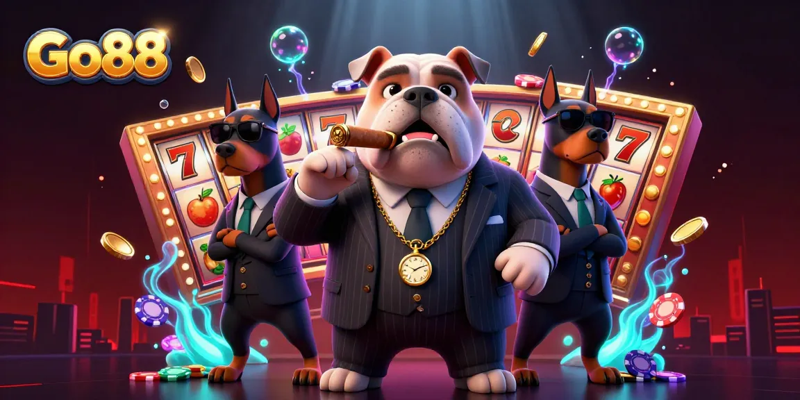 Go88 reveals a vibrant 3D mafia scene, showcasing engaging slot reels and poker chips for exciting gameplay.