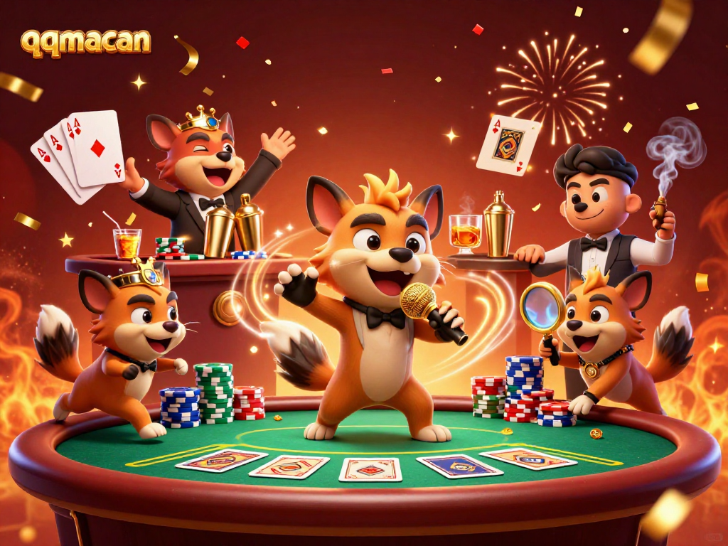 Experience the lively humor of qqmacan with hyenas performing in a vibrant casino scene.