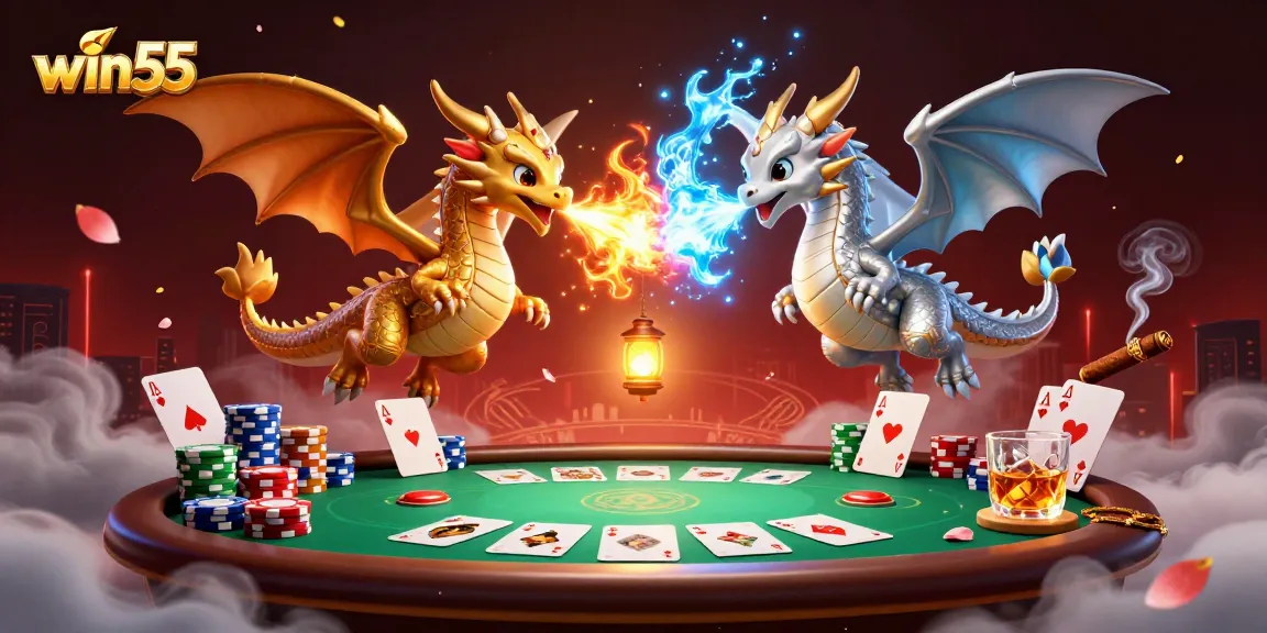 Win55 offers thrilling gameplay, showcasing twin dragons battling in a dynamic 3D casino scene.