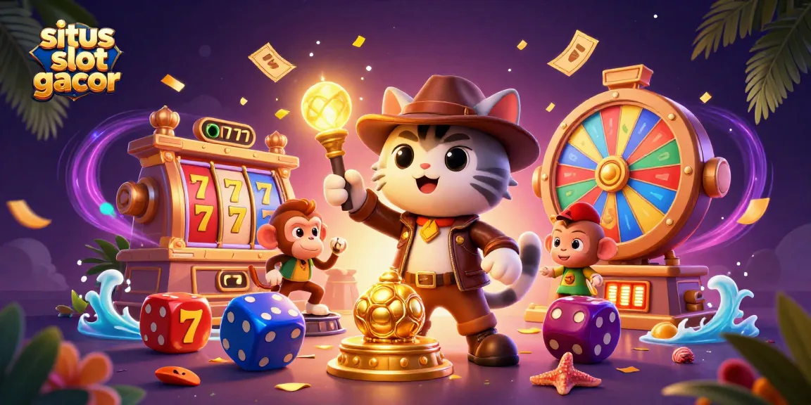 Situs slot gacor illustration showcasing a cat archaeologist unearthing casino treasures amidst golden jackpots and slot reels.