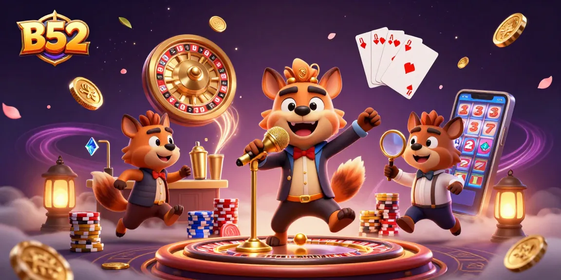 B52 gamblers enjoying a vibrant casino scene with hyena characters, mixed drinks, and winning symbols.