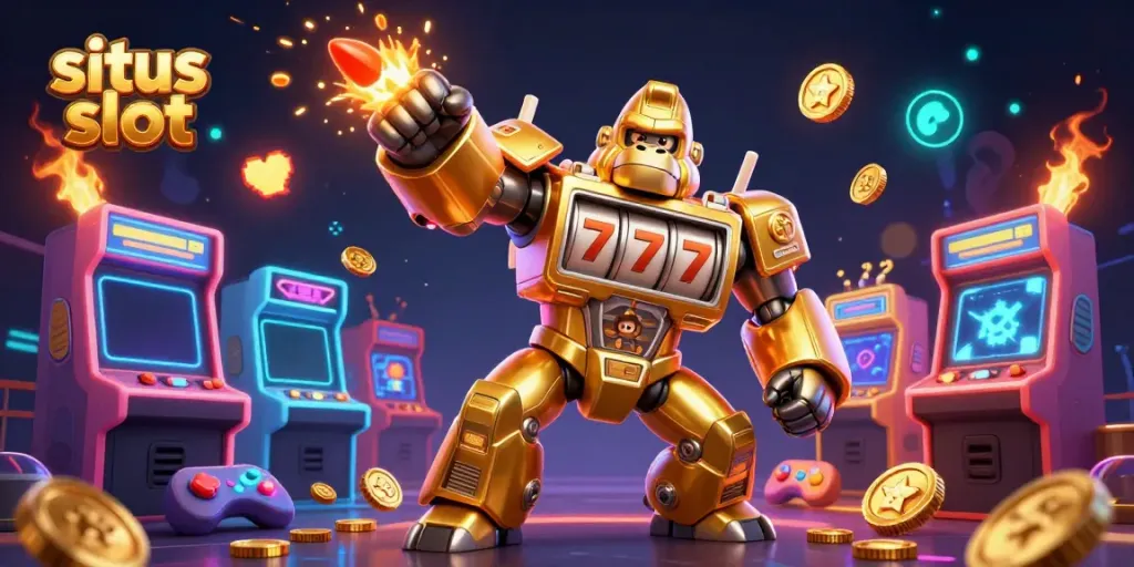 Ilustrasi situs slot dengan gorila emas mekanik, mesin arcade, dan efek cahaya menarik