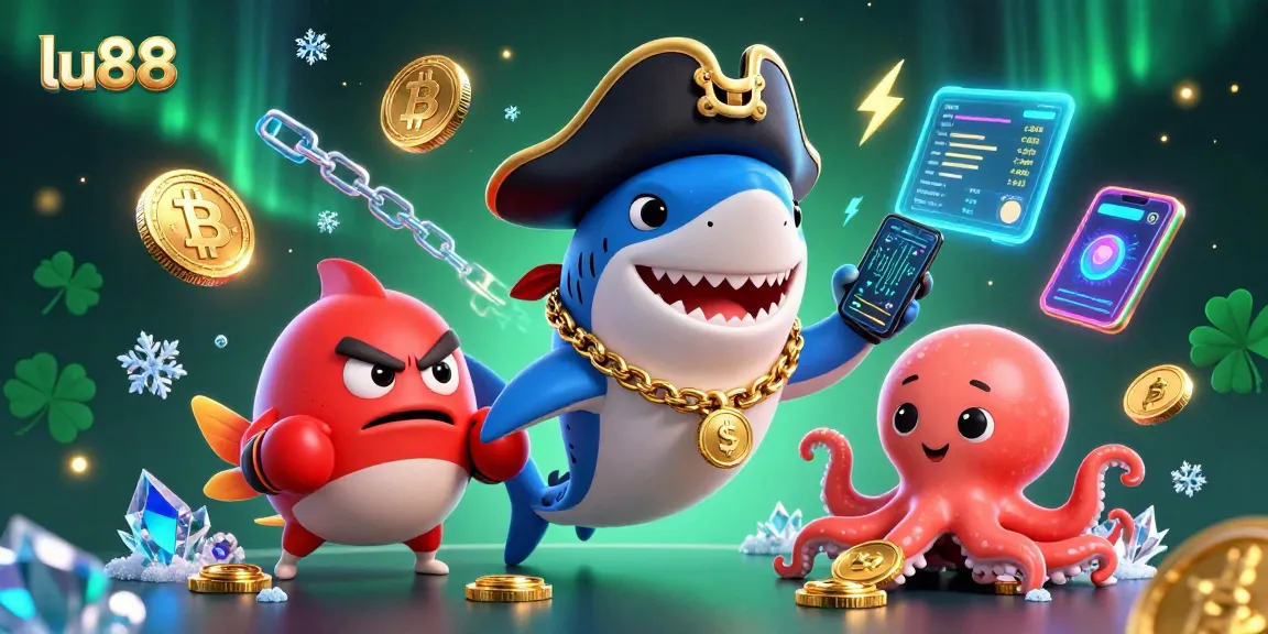 lu88 casino scene with a shark and octopus, showcasing coins and crypto elements.