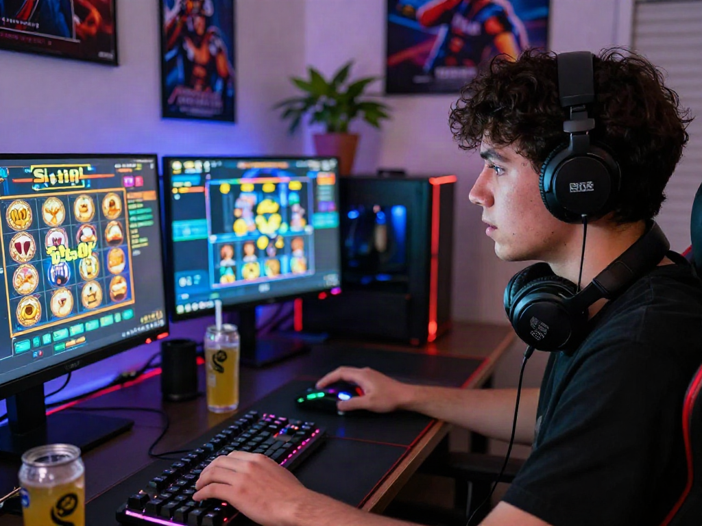 Exciting gaming scene with player engaged in slot 10k games at vibrant multi-screen setup.