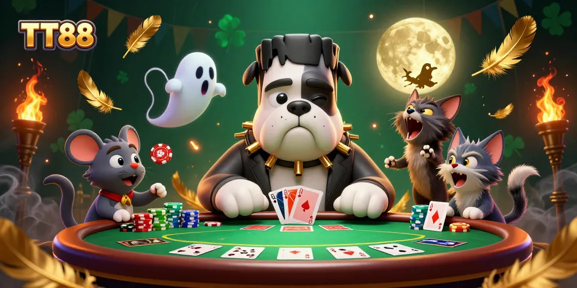 Experience captivating TT88 gameplay with a spooky casino scene featuring playful characters and vibrant elements.