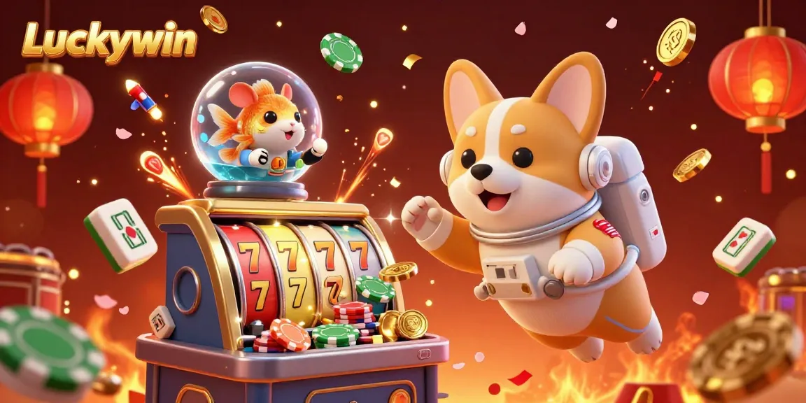 Spin lucky reels with the vibrant Luckywin astronaut corgi in a space casino, surrounded by floating treasures.