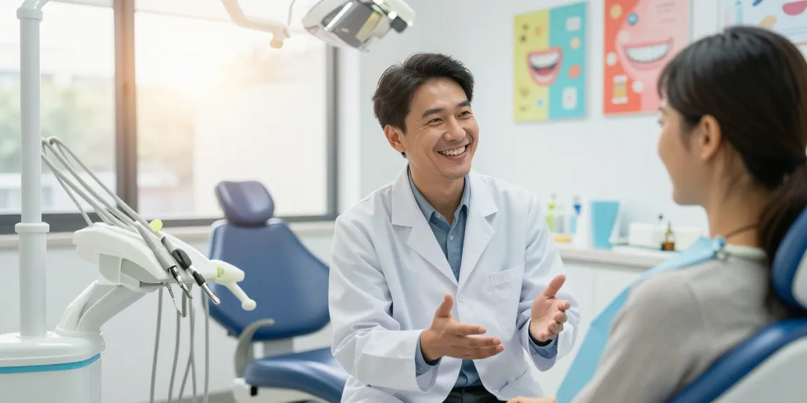 Friendly dentist interacting with a patient in a bright dental clinic; check out this site for great dental care.