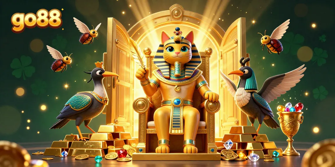 Experience go88's vibrant casino scene with a cartoon Egyptian pharaoh cat amidst treasures and dynamic gaming elements.