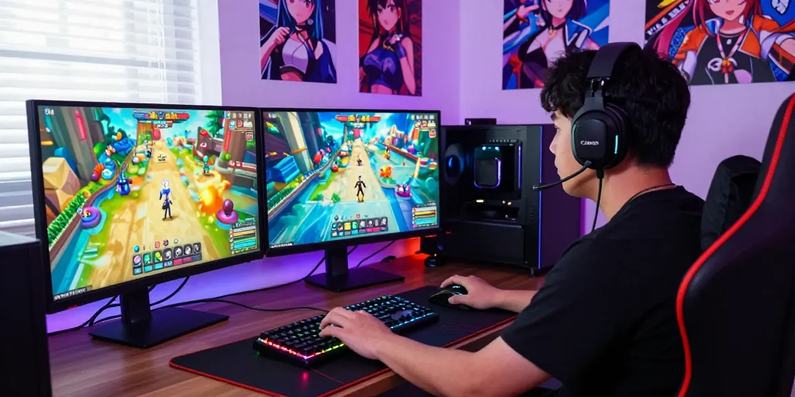 A gamer enjoying an immersive hentai game experience at a colorful gaming setup with vibrant graphics.