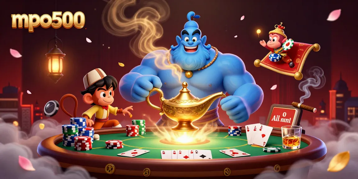 MPO500 offers exciting casino games with a genie and magical poker elements in an enchanting illustration.