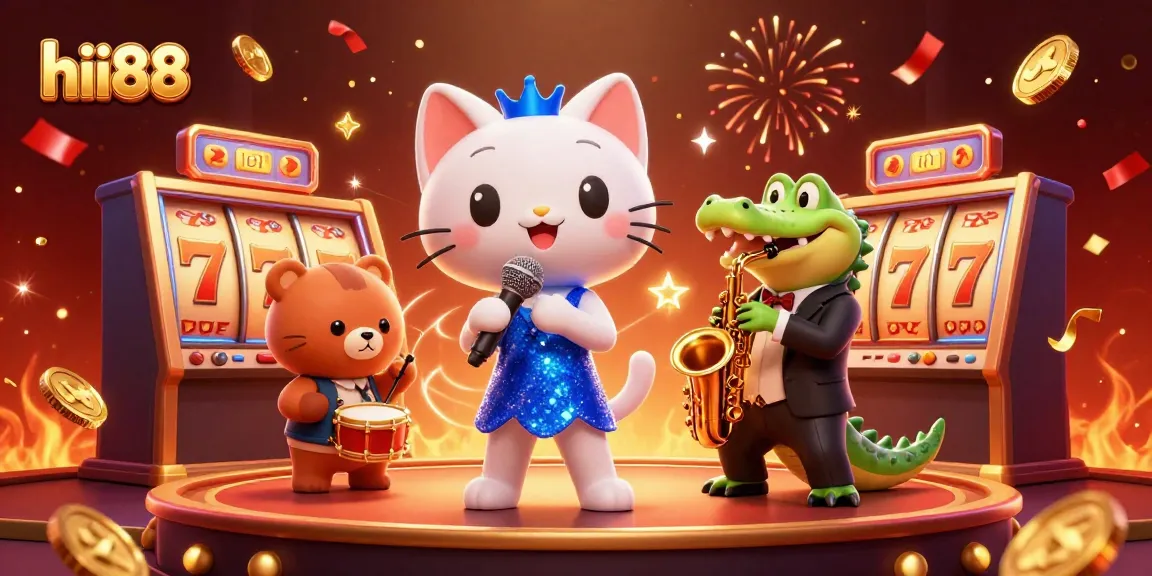 Experience the thrills of hii88 casino with a vibrant scene featuring fun characters and slot reels.