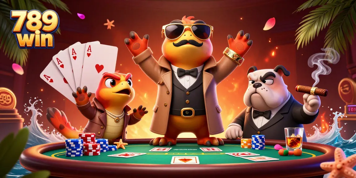 Engage in thrilling games at 789 win casino with vibrant poker chips and 3D cartoon raptors.