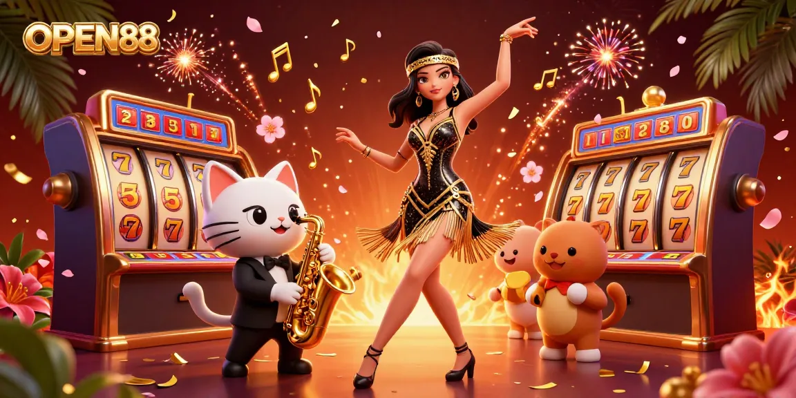 Engage with OPEN88's vibrant casino atmosphere featuring an elegant dancer and a saxophone-playing cat.