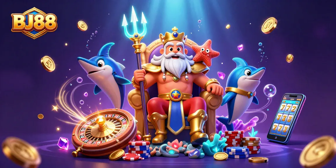 Engage with the exciting world of BJ88 casino games featuring Neptune and a dynamic sea-themed illustration.