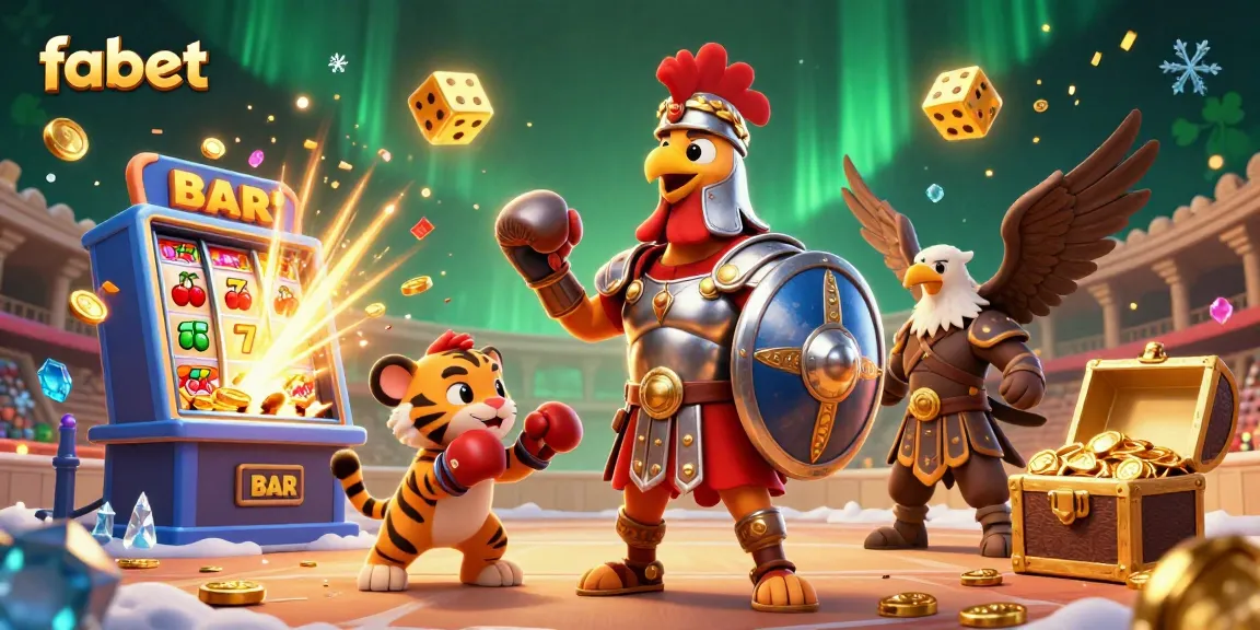 Engage in a thrilling fabet experience with a dynamic rooster gladiator illustration.