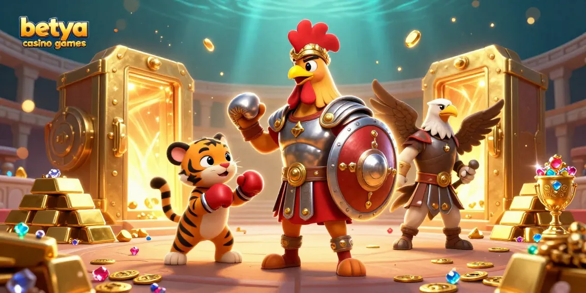Experience betya casino games with a dynamic scene featuring a gladiator rooster, tiger cub, and treasure.