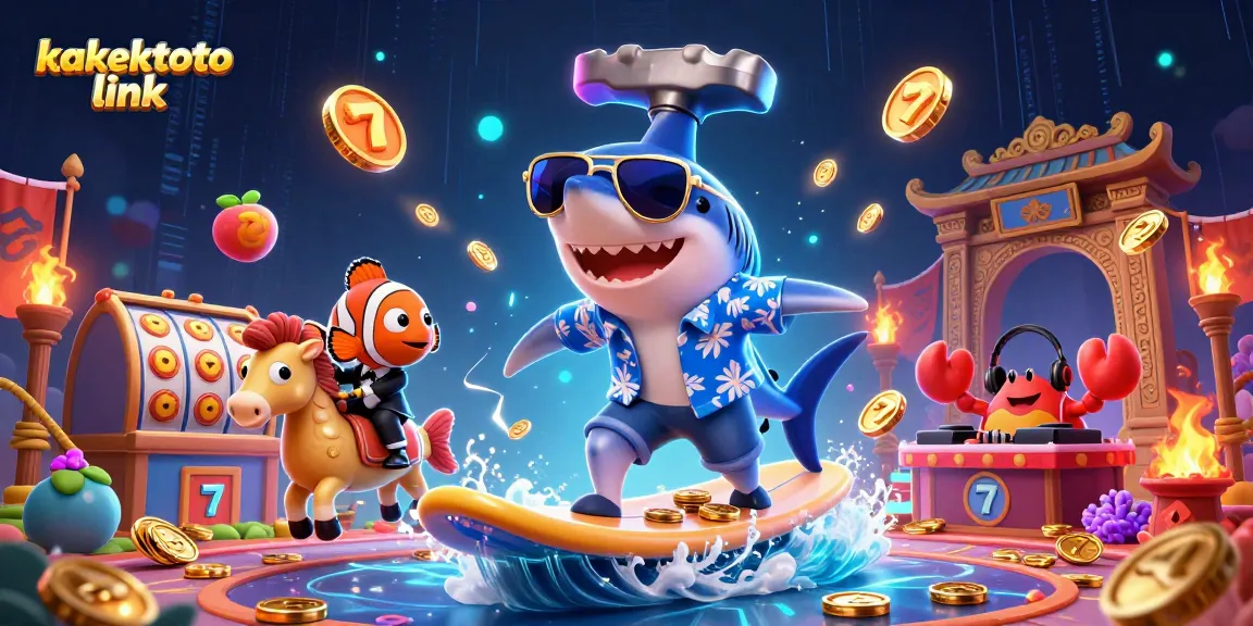 Engage with kakektoto link as a shark surfs gold coins amidst vibrant casino elements, embodying winning vibes.