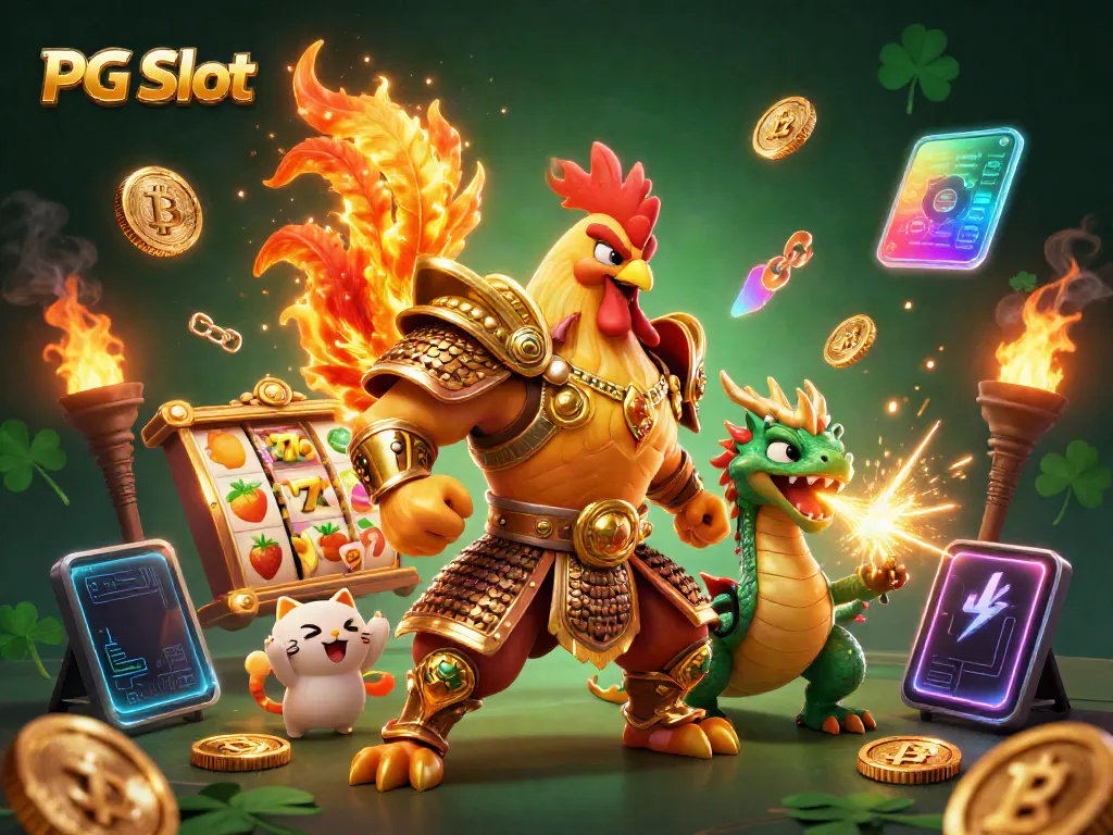 Spin exciting PG Slot reels with fiery characters and vibrant gold coins in a dynamic gaming scene.