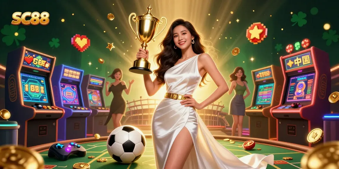 Winning at SC88 with a victorious Asian woman holding a trophy in a vibrant casino scene.