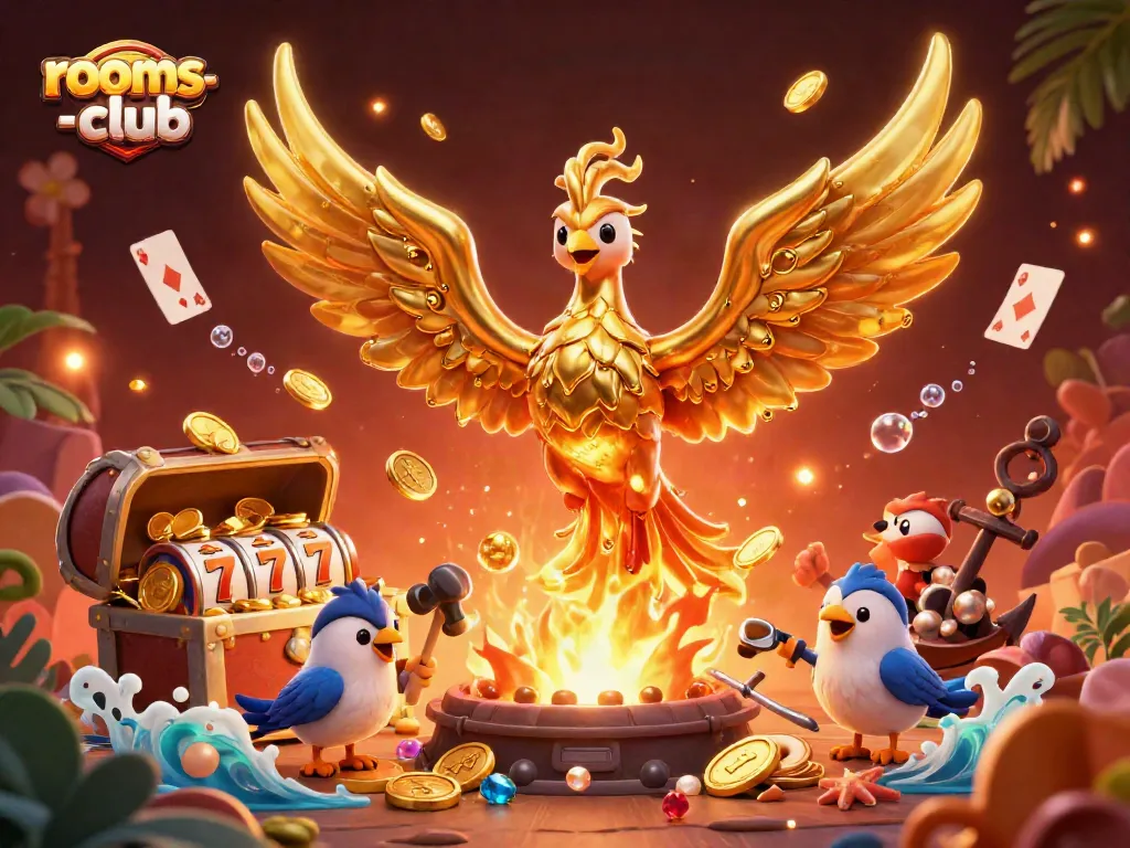 Menangkan jackpot di rooms-club dengan phoenix emas mengalir dari logam dan permainan slot mengelilinginya.