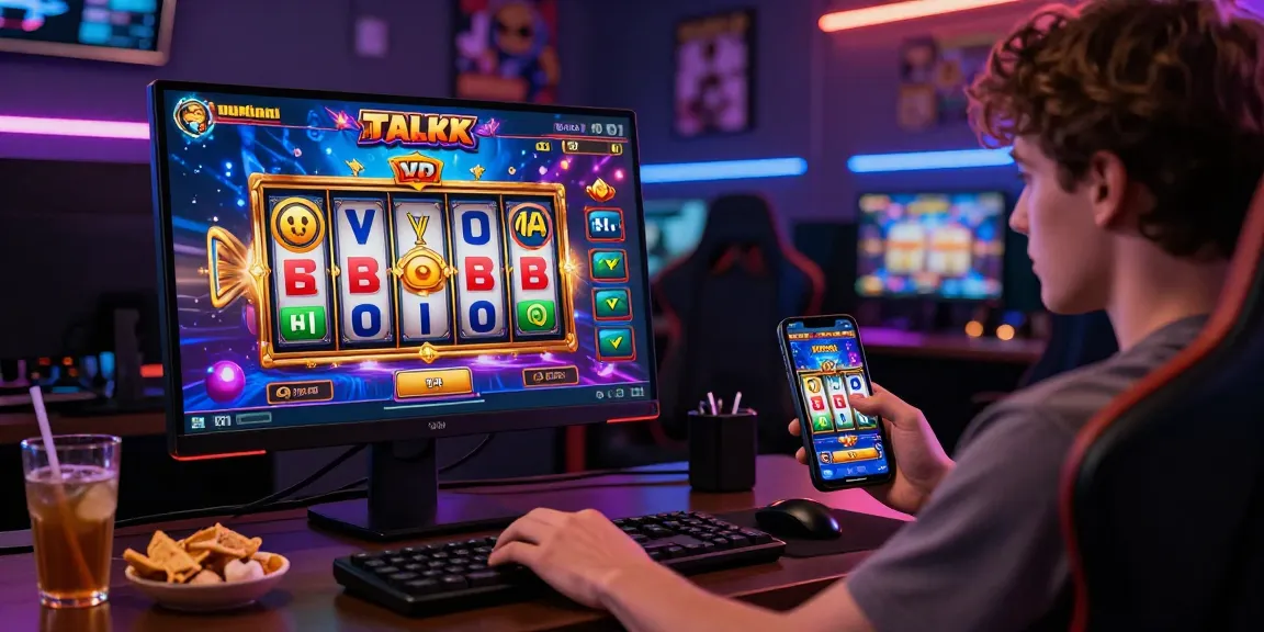 Exciting gaming scene highlighting Link Alternatif Cemeslot on a desktop and mobile device, illustrating an engaging online slot experience.