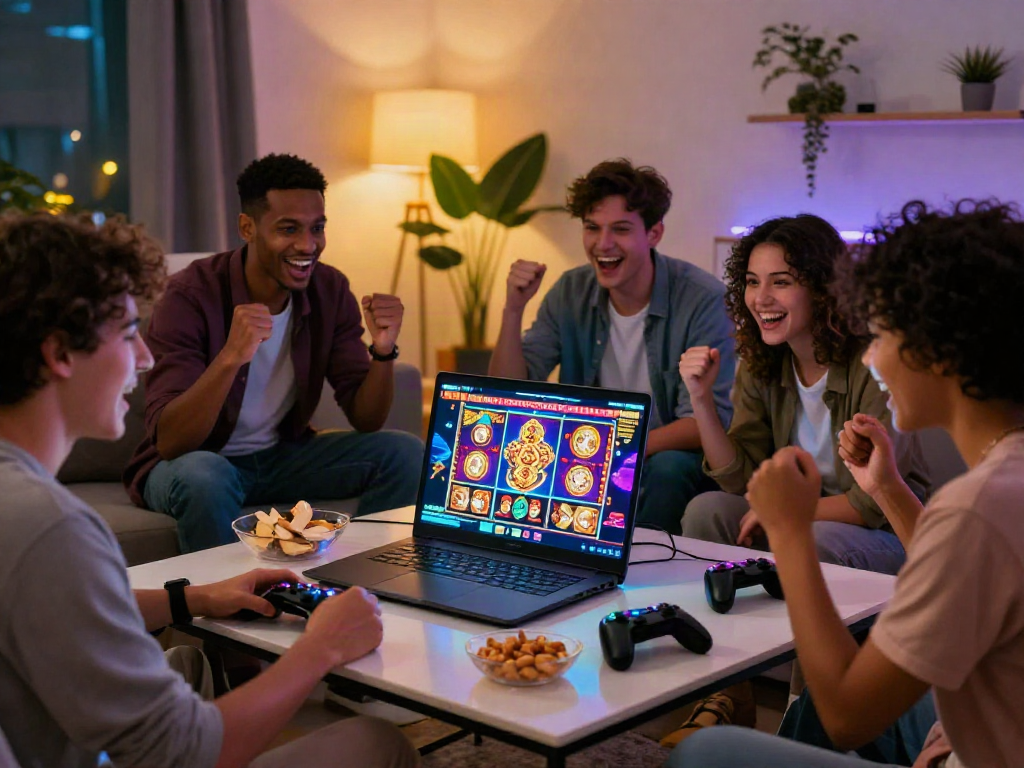Friends enjoying online gaming while making a slot deposit qris in a lively living room.