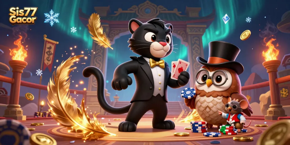 Ilustrasi Sis77 Gacor menampilkan panther yang elegan membagikan kartu di kasino online.