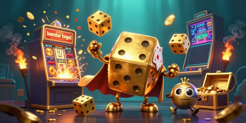 Bandar togel visualisasi dengan dadu emas dan slot jackpot yang meledak.