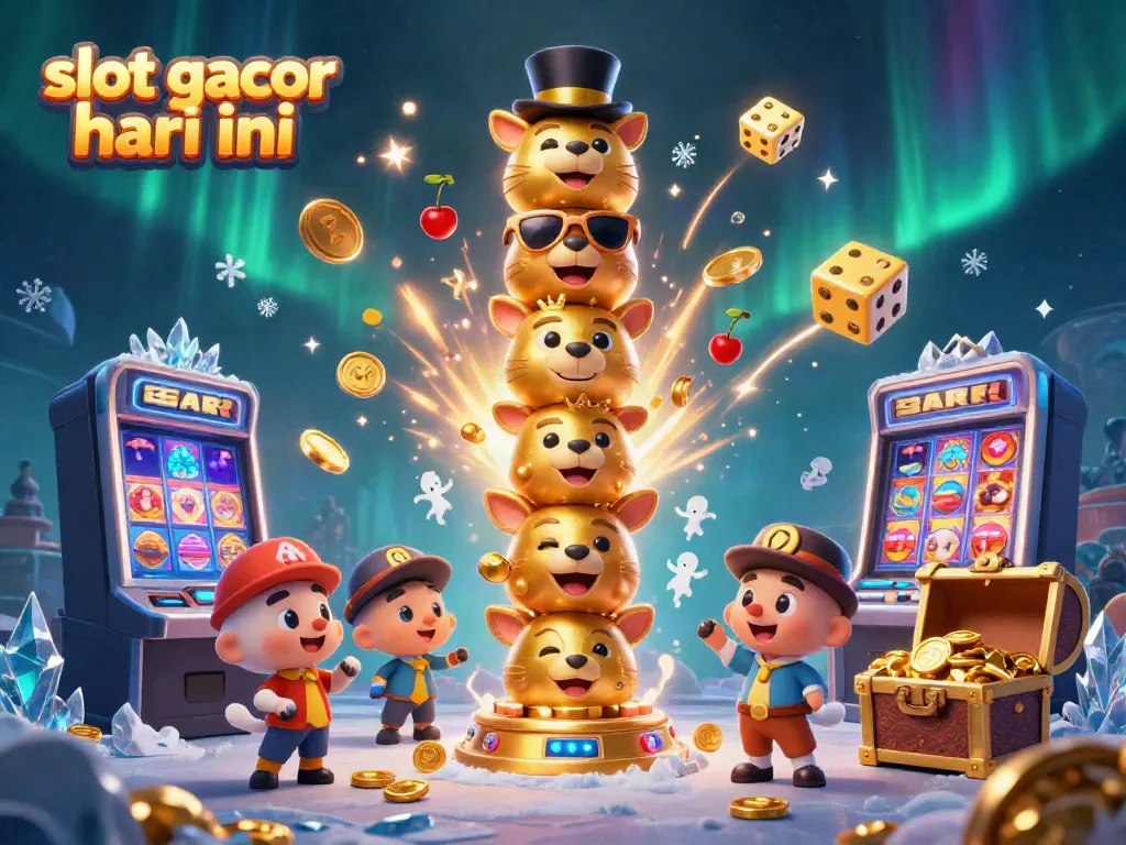 Slot gacor hari ini menggambarkan kemenangan jackpot dengan mesin slot dan koin emas terbang.