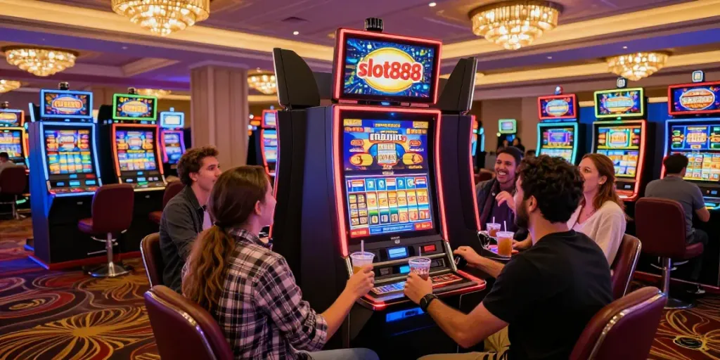 Friends celebrating at a casino with slot888 machines, vibrant atmosphere and excitement.