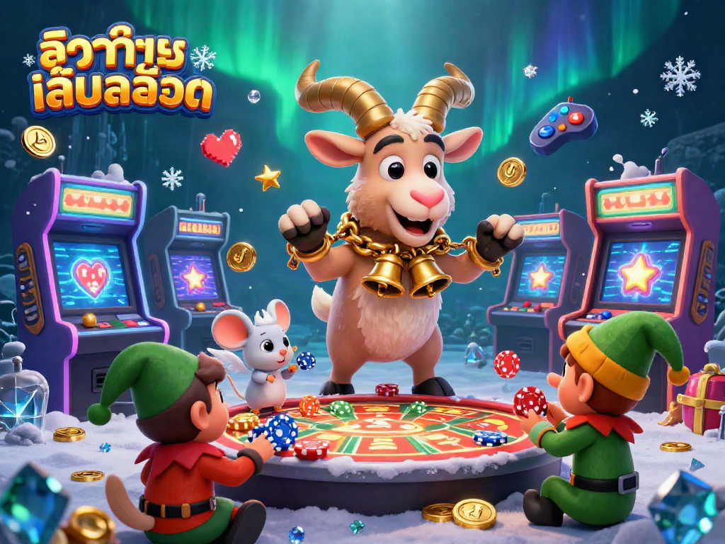 ทดลองเล่นสล็อต in a festive casino scene featuring a Krampus goat, an angel mouse, and mischievous gremlins.